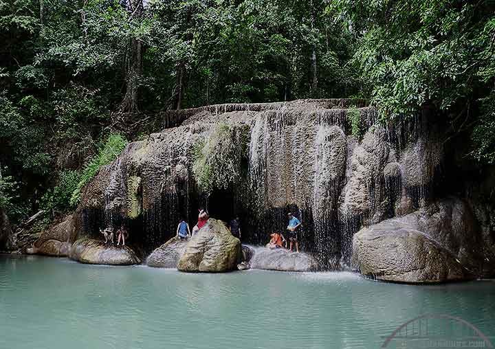 Erawan Waterfall at Erawan National Park. Kanchanaburi day tour from Bangkok with Kanchanaburi Erawan waterfall tour. Riverkwai trips to National park riverkwai tourist attractions