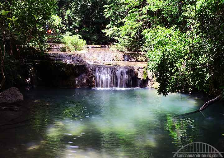 Erawan Waterfall at Erawan National Park.  Kanchanaburi day tour from Bangkok with Kanchanaburi Erawan waterfall tour. Riverkwai trips to National park riverkwai tourist attractions