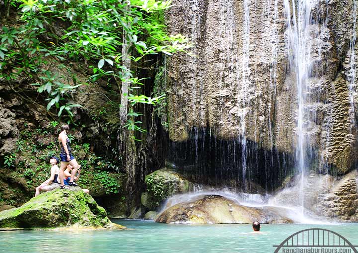 Erawan Waterfall at Erawan National Park.  Kanchanaburi day tour from Bangkok with Kanchanaburi Erawan waterfall tour. Riverkwai trips to National park riverkwai tourist attractions